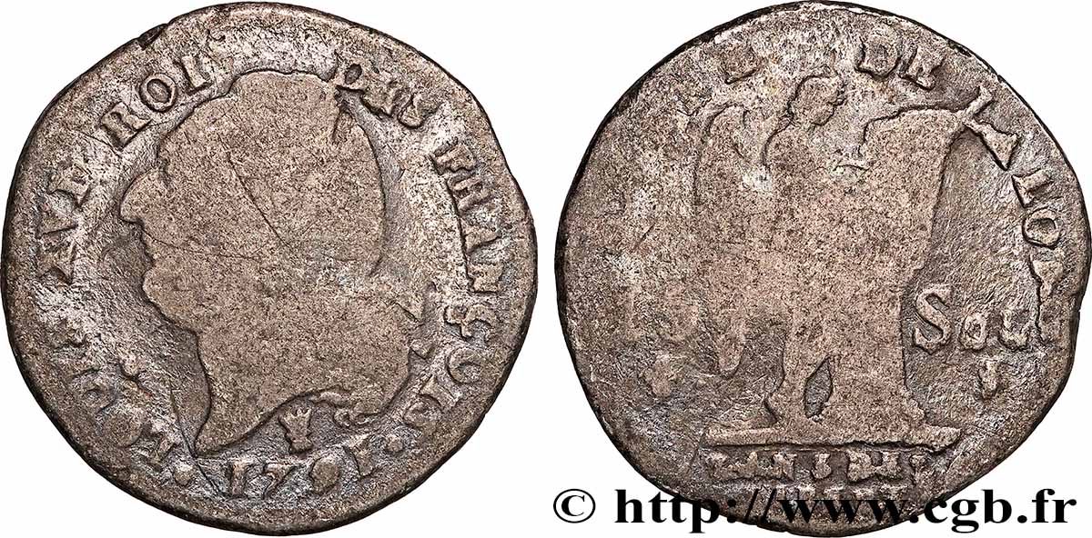 LOUIS XVI 15 sols dit au génie , type FRANCOIS 1791 Limoges F