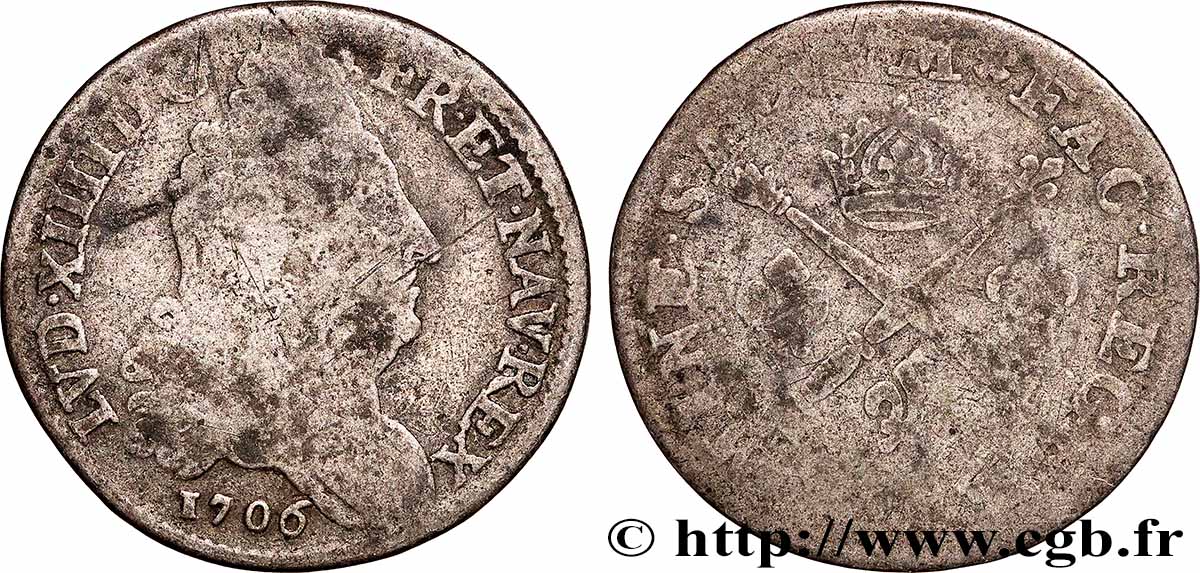 LOUIS XIV THE SUN KING 10 sols aux insignes 1706 Paris VF