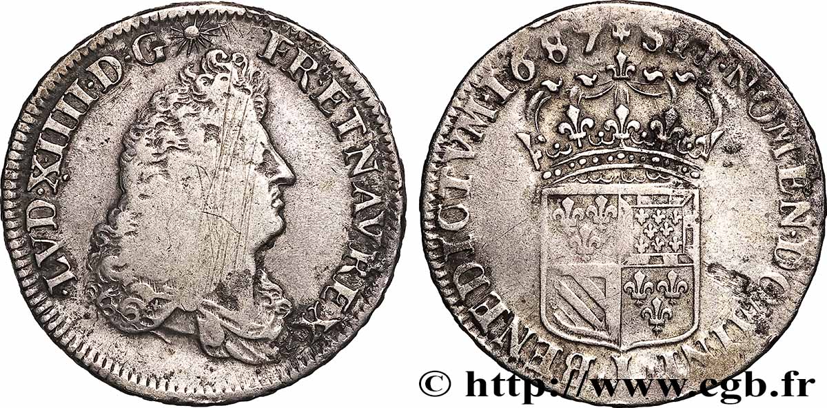 LOUIS XIV THE SUN KING Demi-écu de Flandre 1687 Lille VF/XF