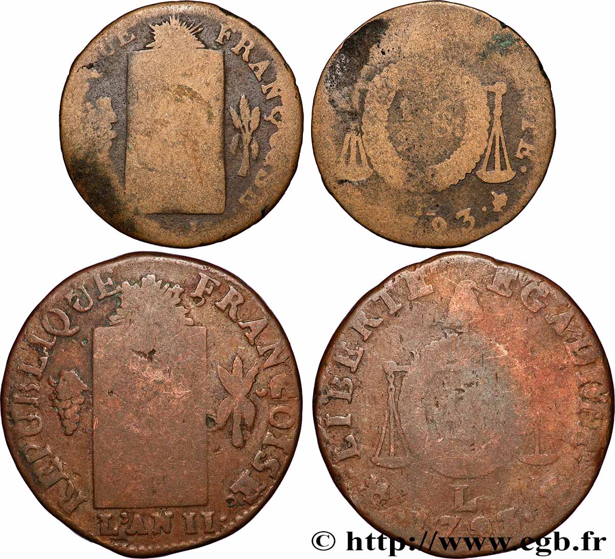 NATIONALKONVENT 1 et 2 sols dit à la table de loi , lot de 2 ex. 1793 Ateliers divers lot