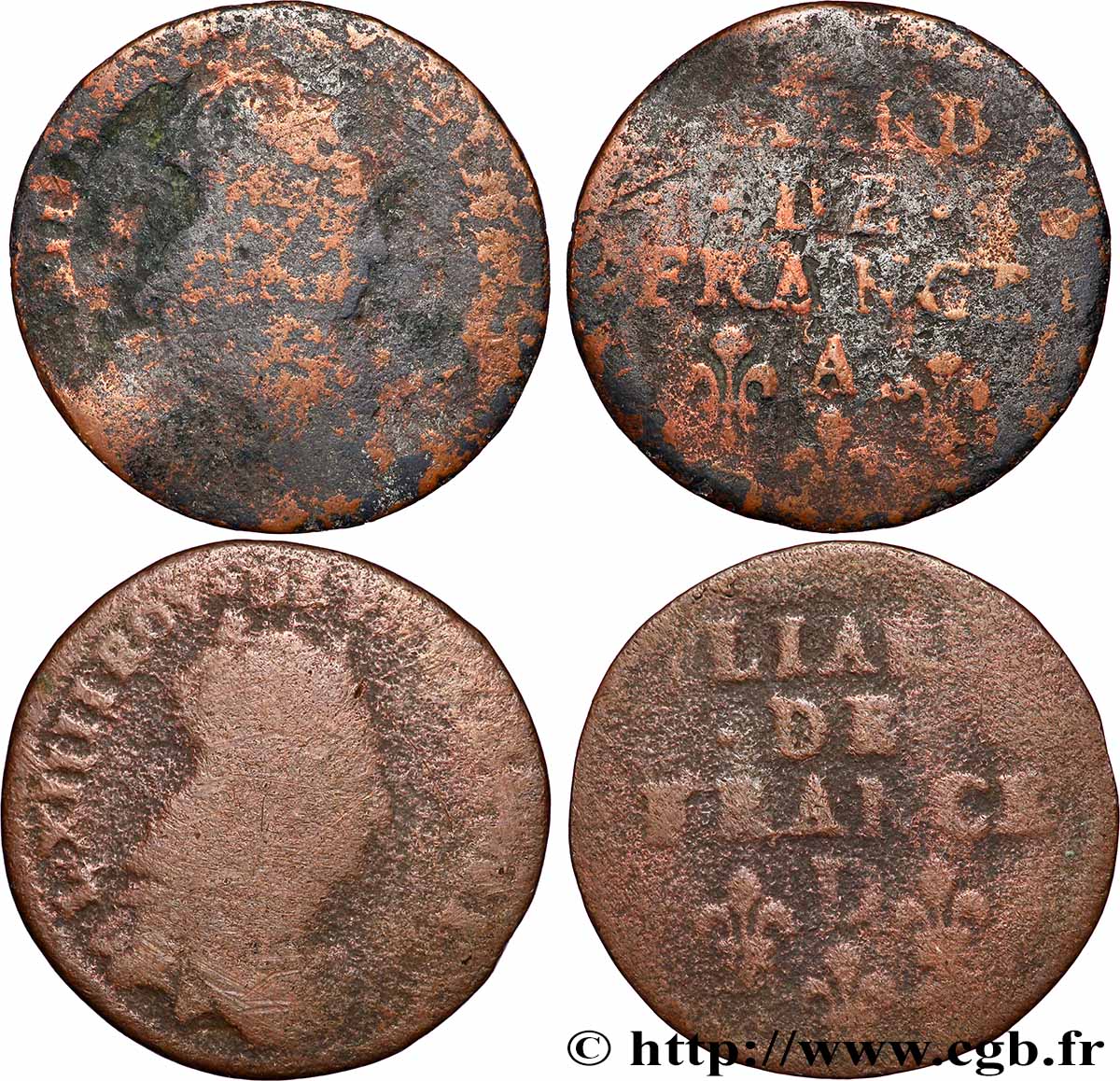 LOUIS XIV THE SUN KING Liard de cuivre “à la tête couronnée”, lot de 2 ex. n.d. Ateliers divers lot