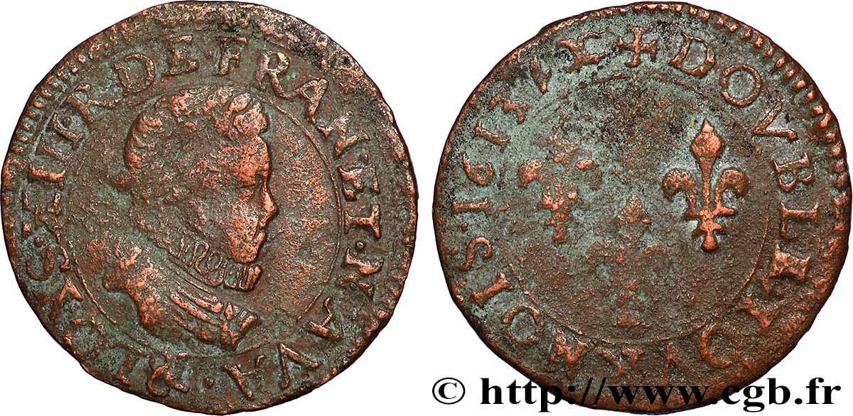 LOUIS XIII Double tournois, grand buste enfantin, drapé à large fraise 1613 Aix-en-Provence fSS/S