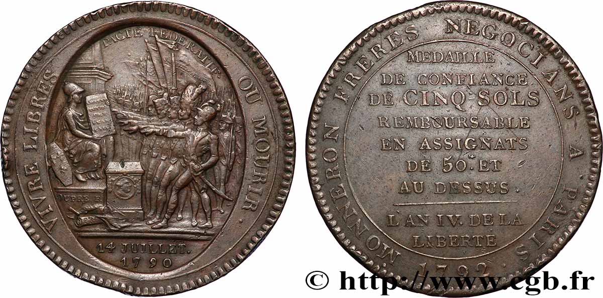 REVOLUTION COINAGE Monneron de 5 sols au serment 1792 fVZ