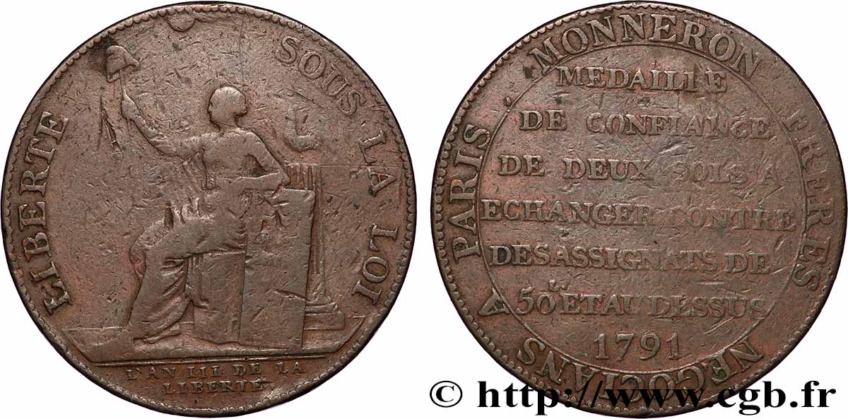 REVOLUTION COINAGE Monneron de 2 sols à la Liberté 1791 Birmingham, Soho S