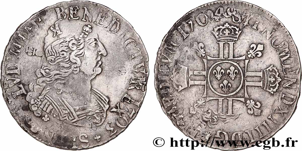 LOUIS XIV THE SUN KING Demi-écu aux huit L 1704 Bordeaux XF