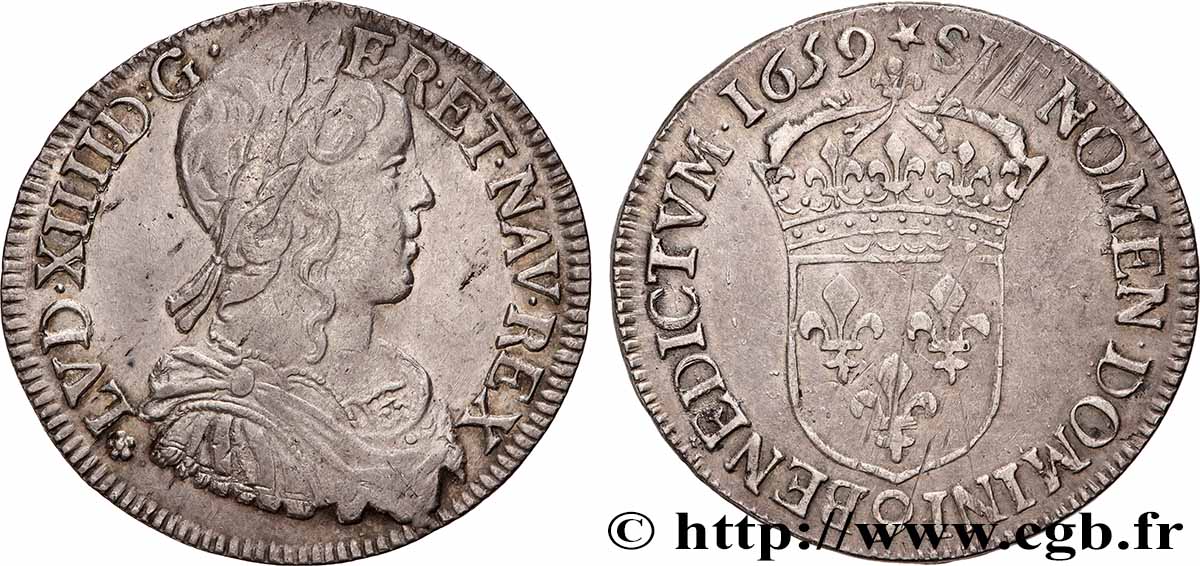 LOUIS XIV THE SUN KING Demi-écu, portrait à la mèche longue 1659 Rennes AU/XF