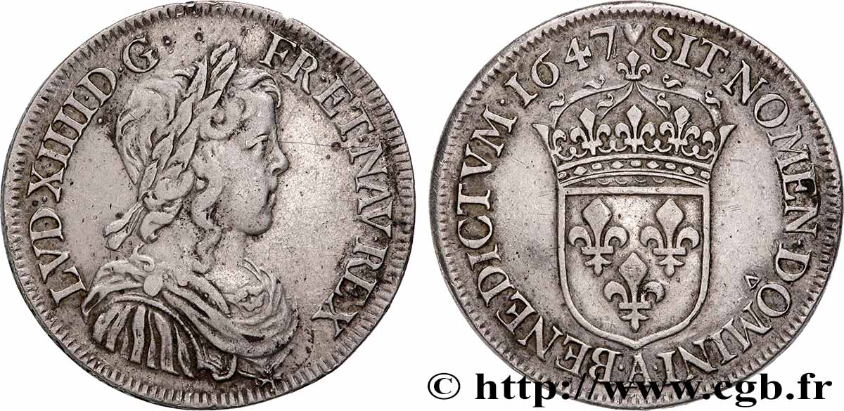 LOUIS XIV THE SUN KING Demi-écu, portrait à la mèche longue 1647 Paris XF/AU