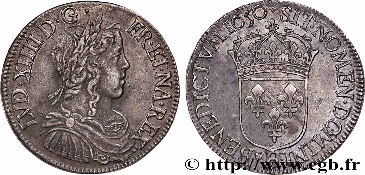 LOUIS XIV THE SUN KING Demi-écu, portrait à la mèche longue 1650 La Rochelle VZ
