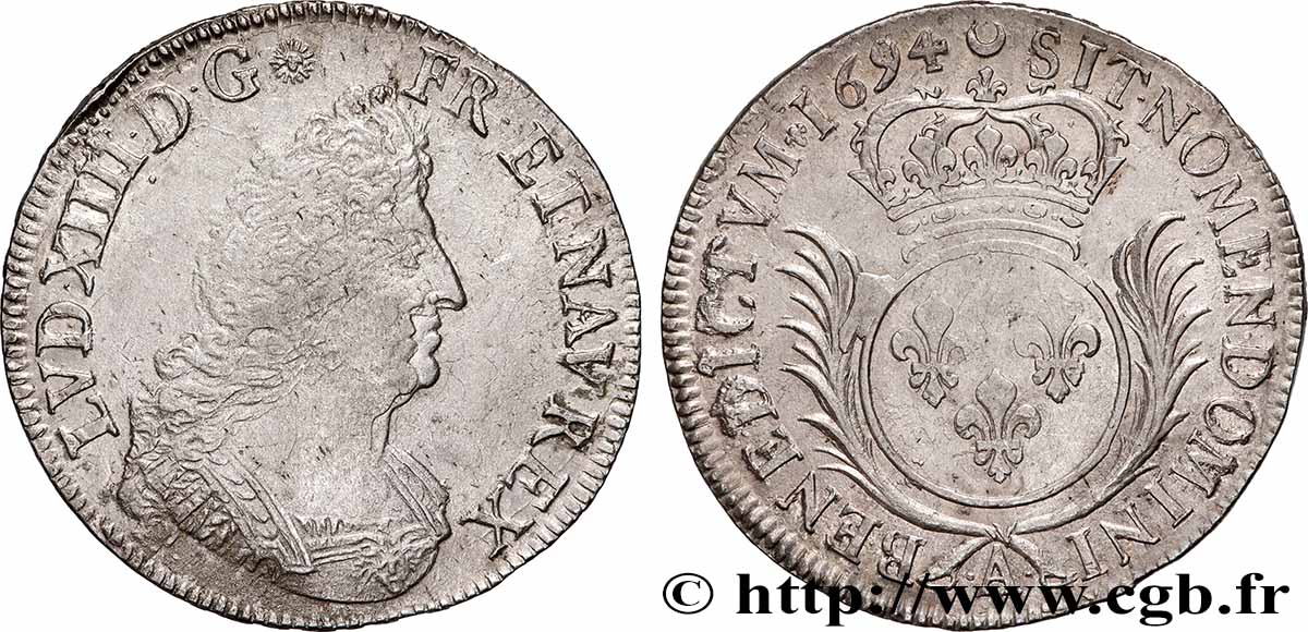 LOUIS XIV THE SUN KING Demi-écu aux palmes 1694 Paris XF/AU