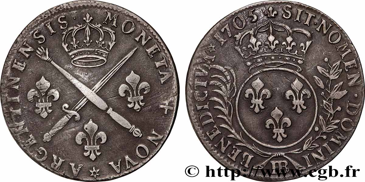 LOUIS XIV THE SUN KING Trente-trois sols aux insignes 1705 Strasbourg XF/AU
