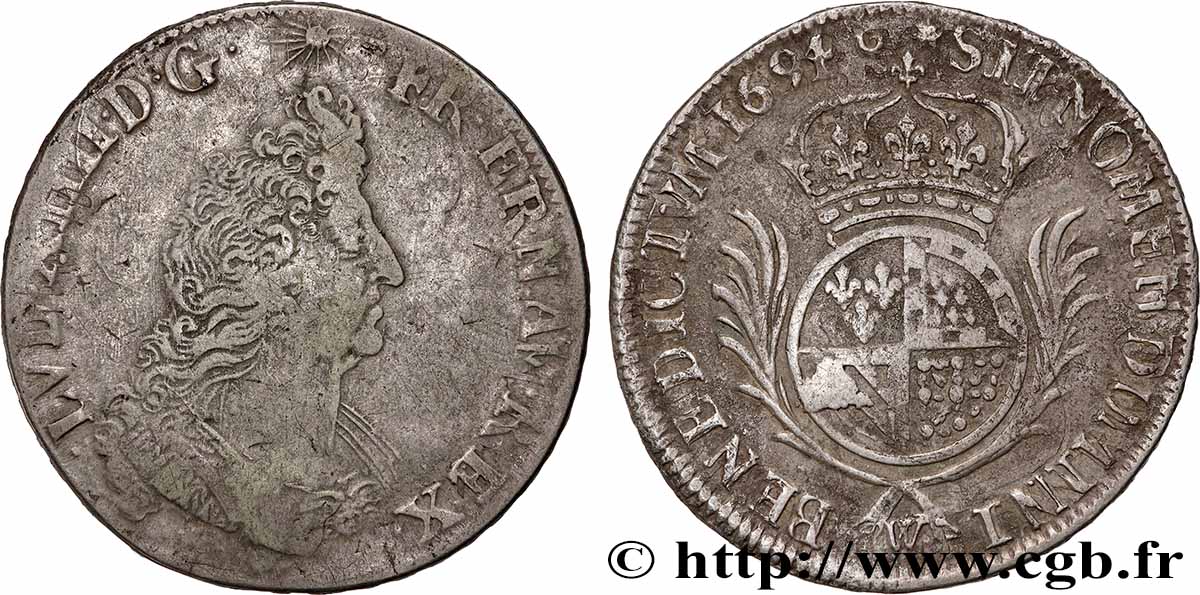 LOUIS XIV THE SUN KING Demi-écu de Flandre aux palmes 1694 Lille VF/XF