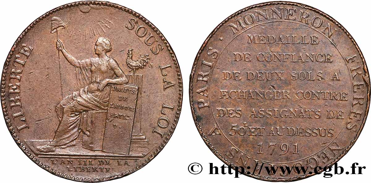 REVOLUTION COINAGE Monneron de 2 sols à la Liberté 1791 Birmingham, Soho AU