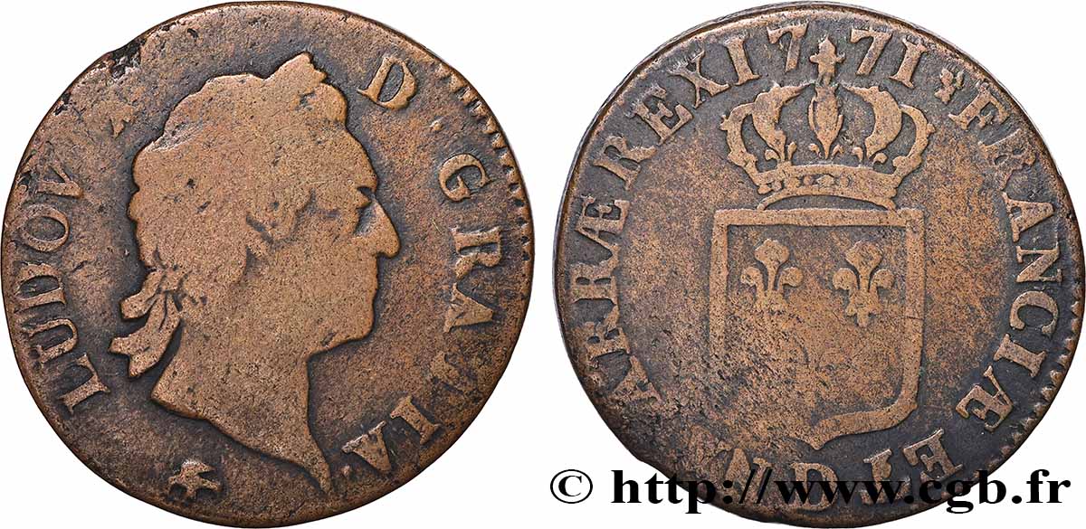 LOUIS XV THE WELL-BELOVED Sol dit à la vieille tête 1771 Lyon fS/S