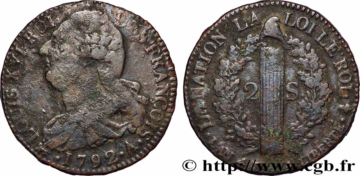 LOUIS XVI 2 sols dit au faisceau , type FRANÇOIS 1792 Paris SGE
