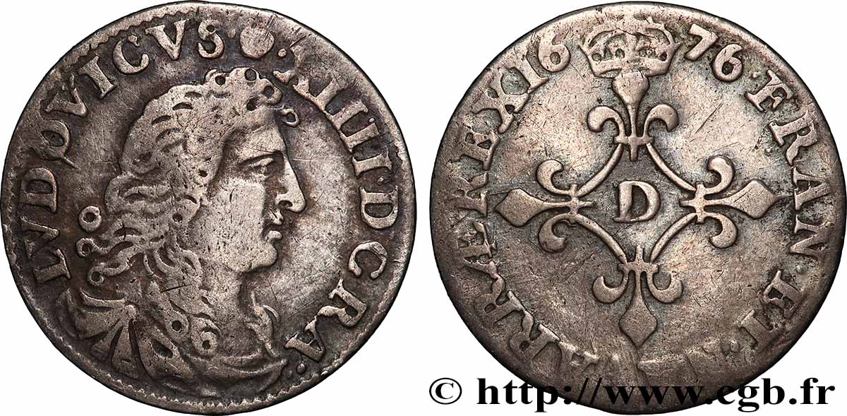 LOUIS XIV THE SUN KING Quatre sols à la croix formée de lis 1676 Vimy-en-Lyonnais (actuellement Neuville-sur-Saône) fSS