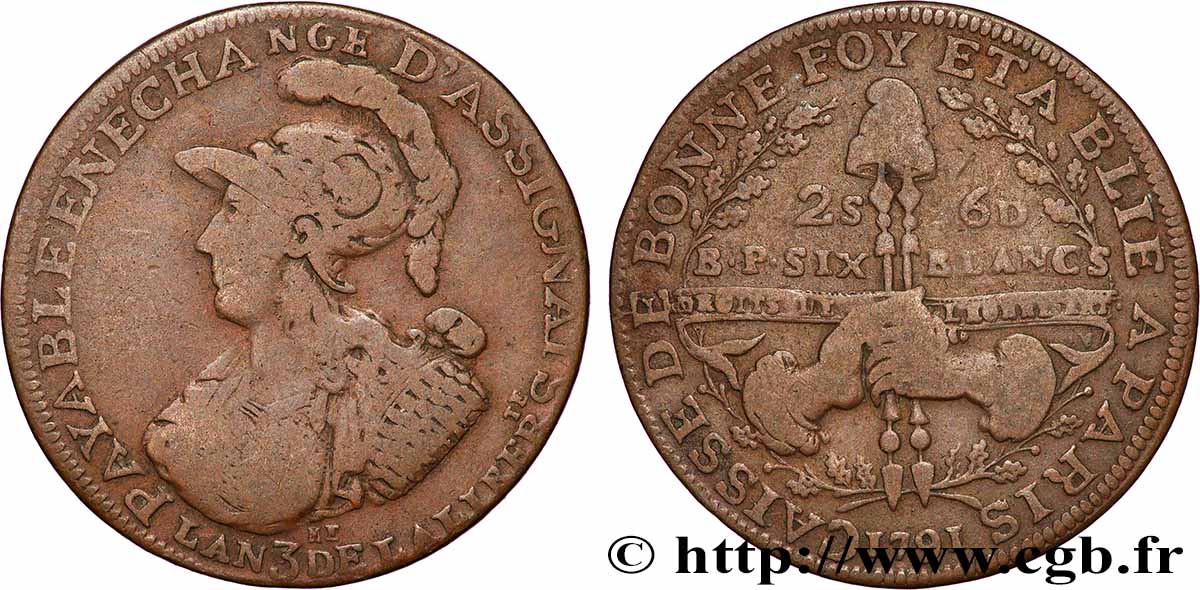 REVOLUTION COINAGE Six blancs de Montagny 1791 fSS