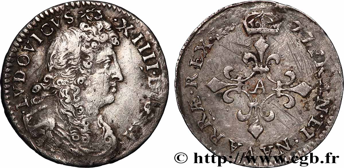 LOUIS XIV THE SUN KING Quatre sols à la croix formée de lis 1677 Vimy-en-Lyonnais (actuellement Neuville-sur-Saône) fSS/SS