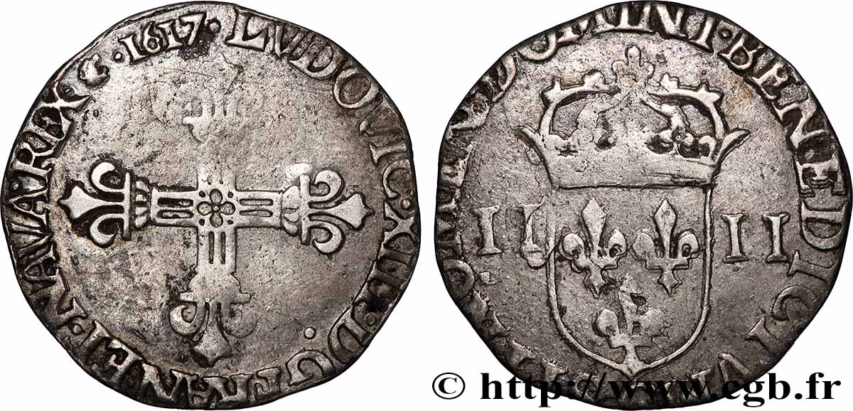 LOUIS XIII Quart d écu, à la croix fleurdelisée, titulature côté croix 1617 Saint-Lô VF/XF