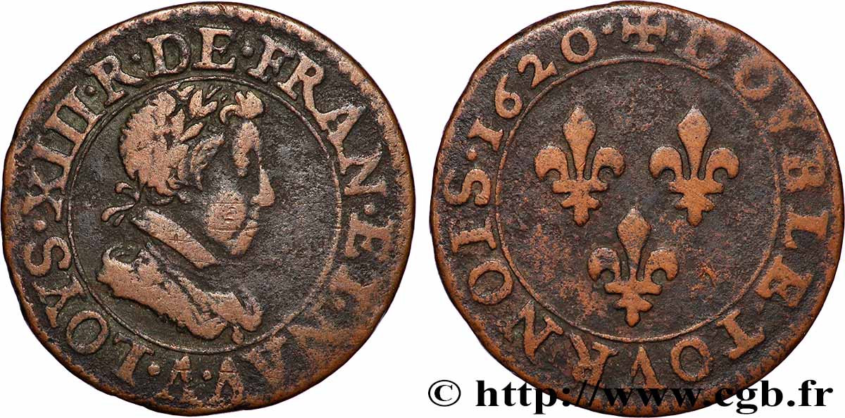 LOUIS XIII Double tournois, type 2 de Paris 1620 Paris fSS