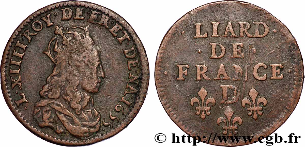 LOUIS XIV THE SUN KING Liard de cuivre, 2e type 1655 Vimy-en-Lyonnais (actuellement Neuville-sur-Saône) SS