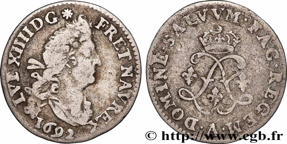 LOUIS XIV THE SUN KING Quatre sols aux deux L 1692 Paris fSS