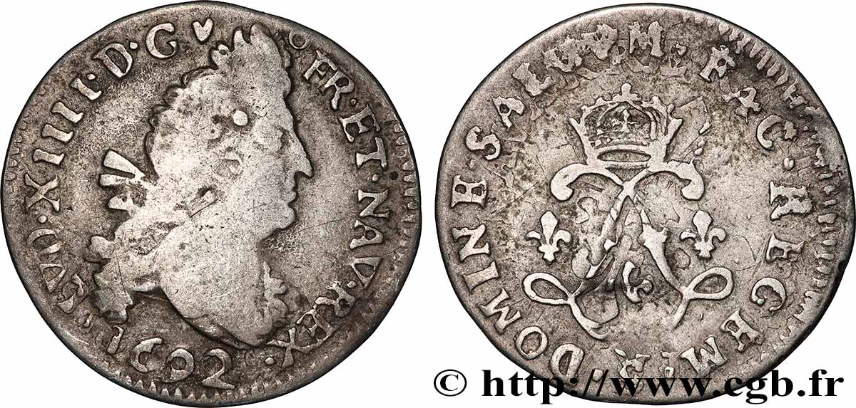 LOUIS XIV THE SUN KING Quatre sols aux deux L couronnées 1692 Troyes fSS/SS