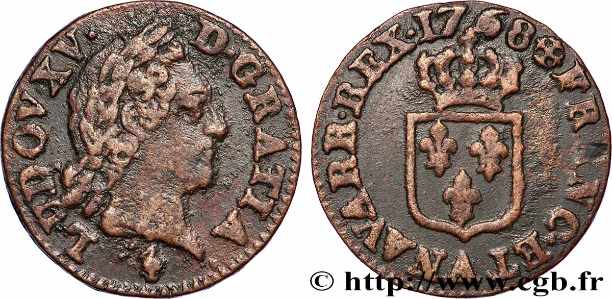 LOUIS XV THE WELL-BELOVED Liard dit à la vieille tête 1768 Paris fVZ