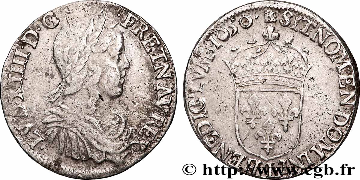 LOUIS XIV THE SUN KING Demi-écu, portrait à la mèche longue 1650 Bayonne fSS/SS