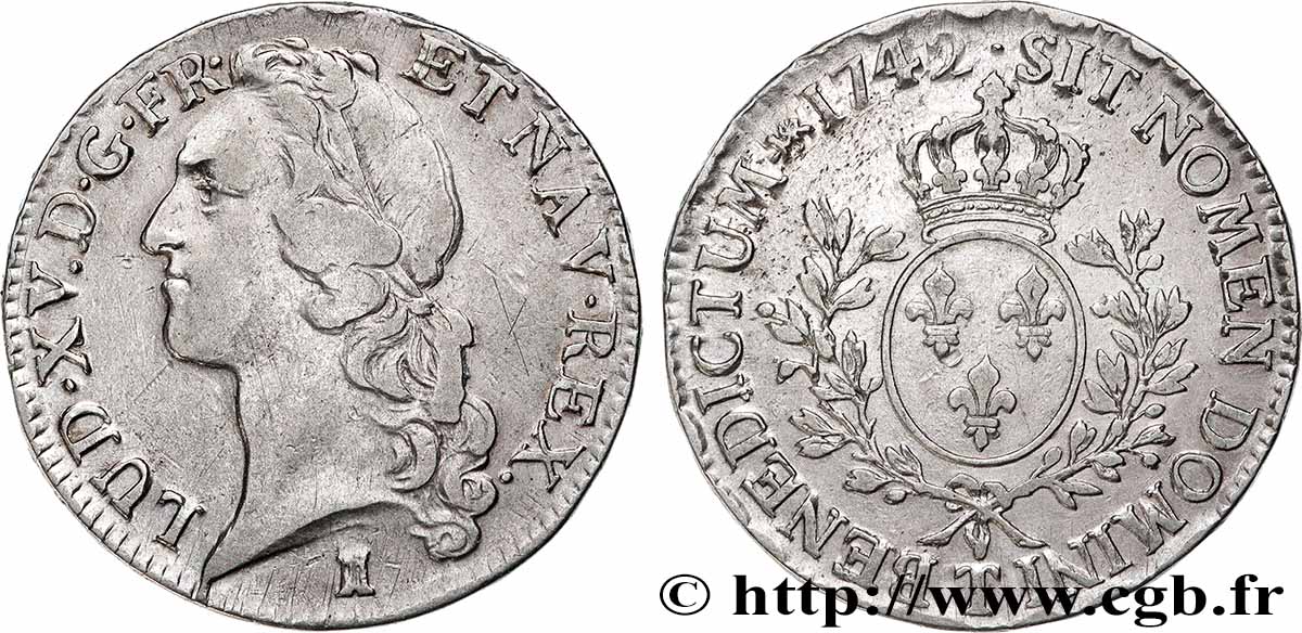 LOUIS XV THE WELL-BELOVED Écu aux branches d’olivier, tête ceinte d’un bandeau 1742 Nantes fSS/SS