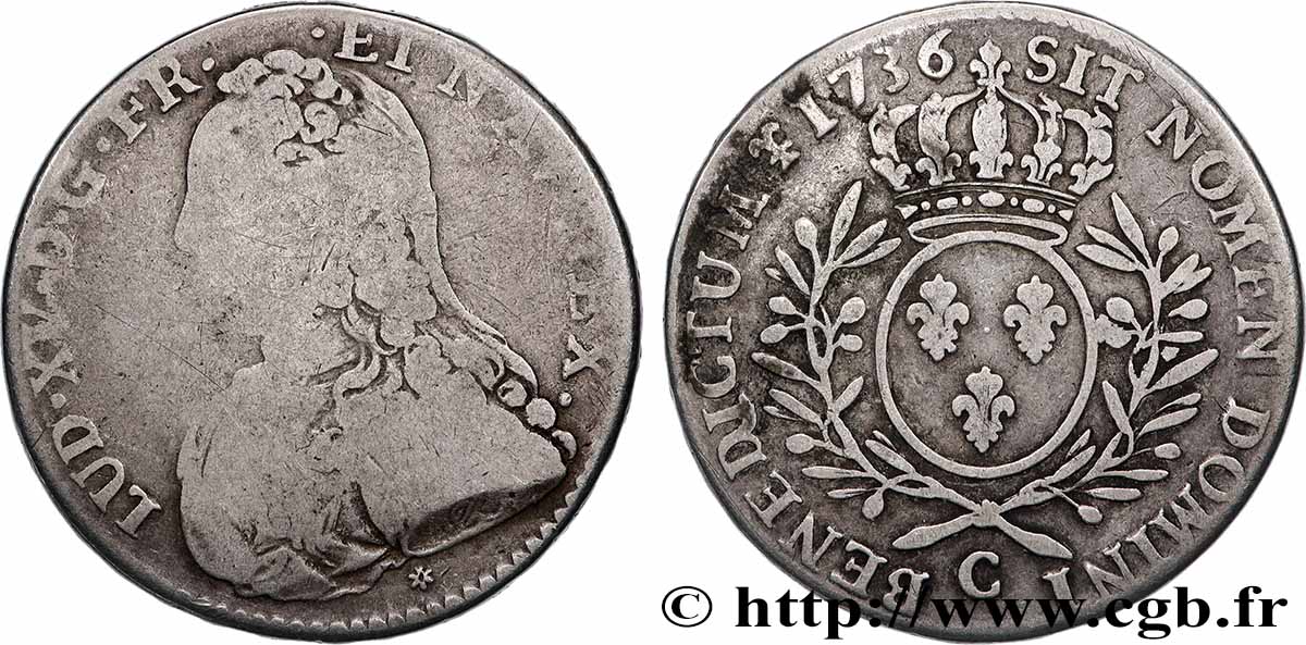 LOUIS XV THE WELL-BELOVED Demi-écu aux branches d olivier, buste habillé 1736 Caen VG/VF