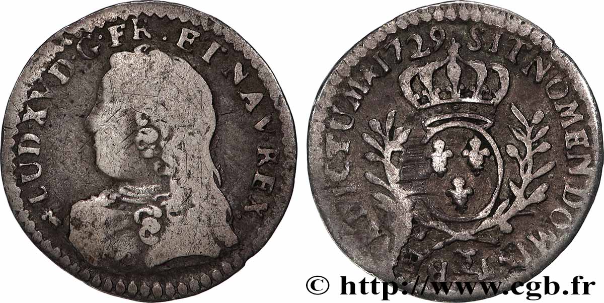 LOUIS XV THE WELL-BELOVED Vingtième d’écu aux branches d’olivier, buste habillé 1729 Besançon fS