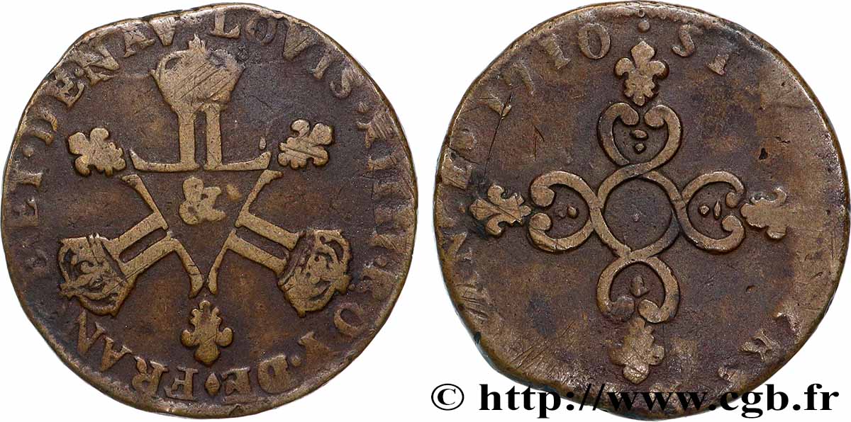 LOUIS XIV THE SUN KING Pièce de six deniers 1710 Aix-en-Provence S/SGE