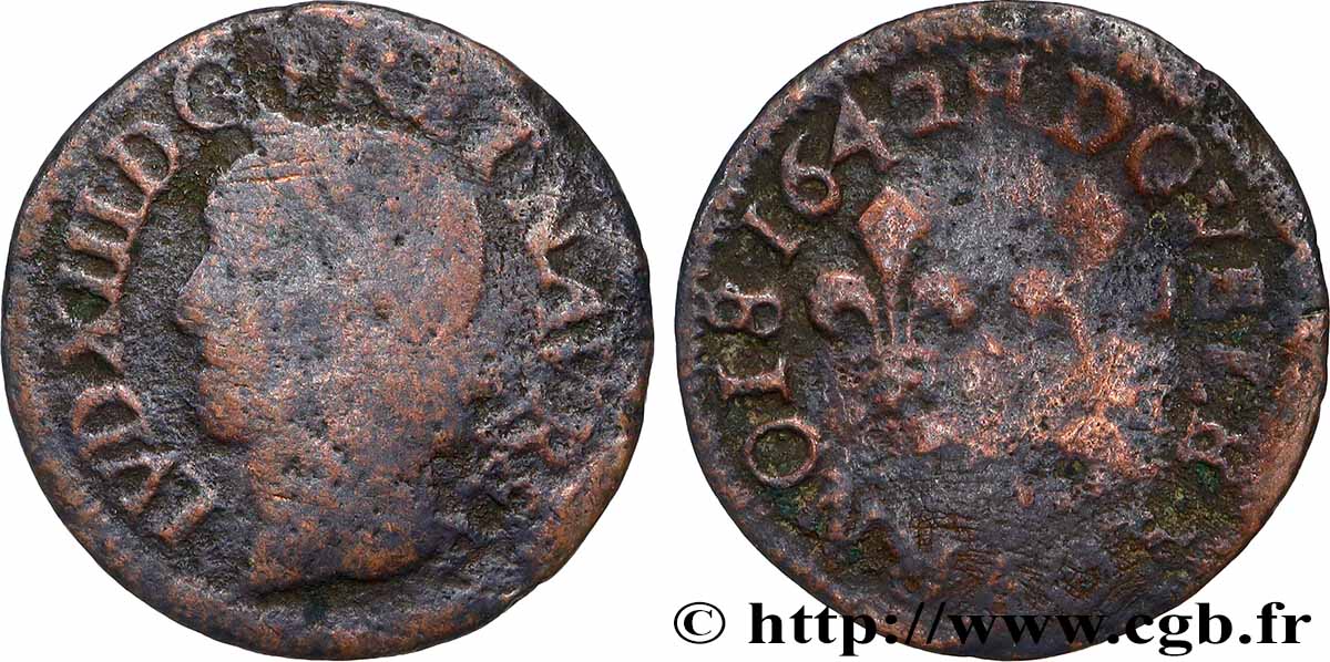 LOUIS XIII Double tournois, type de Warin 1642 La Rochelle SGE