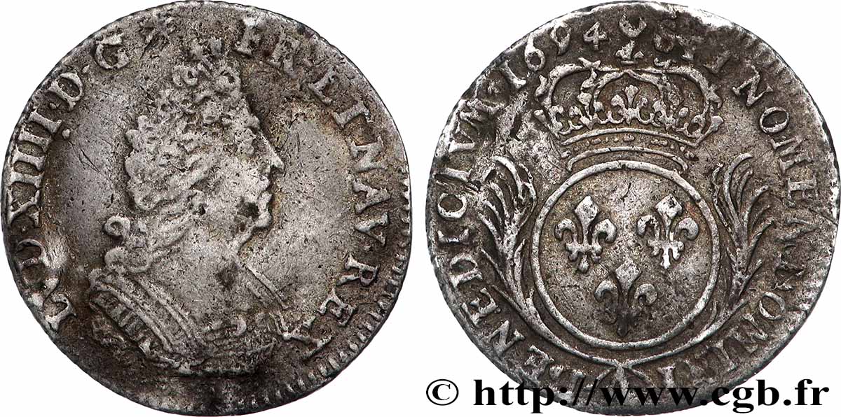 LOUIS XIV THE SUN KING Douzième d écu aux palmes 1694 Paris fSS/SS