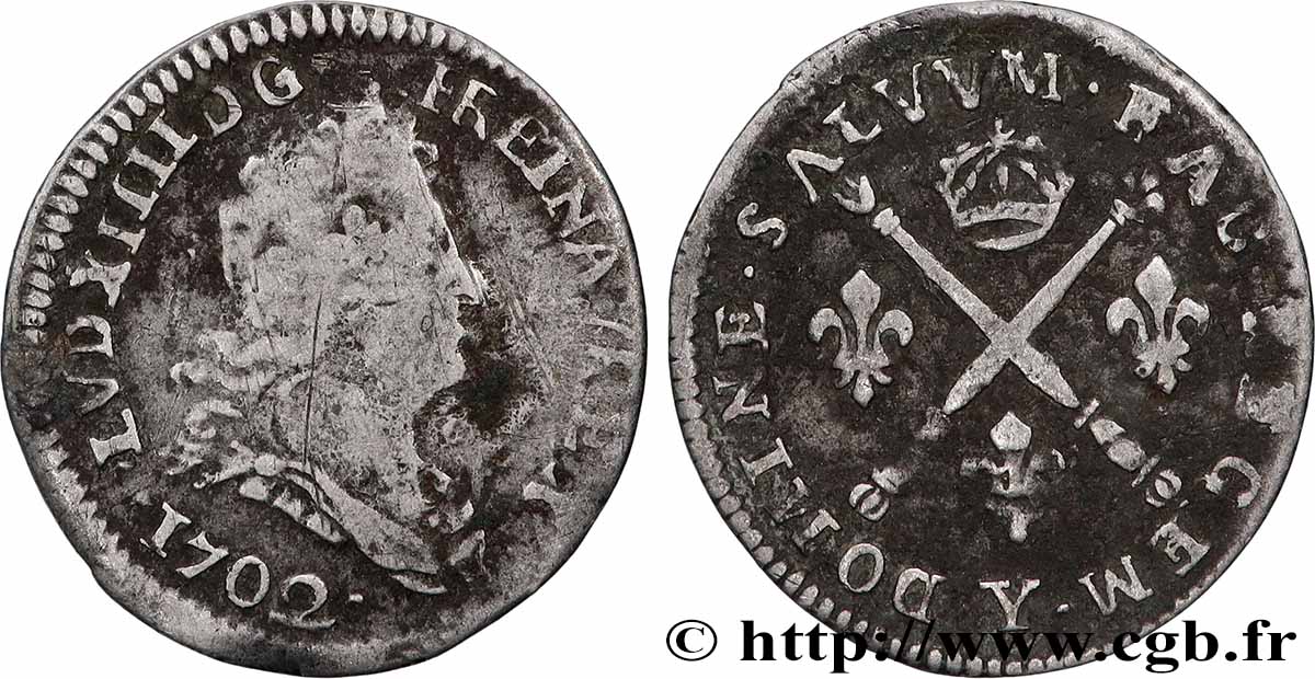 LOUIS XIV THE SUN KING Cinq sols aux insignes 1702 Bourges fS/S