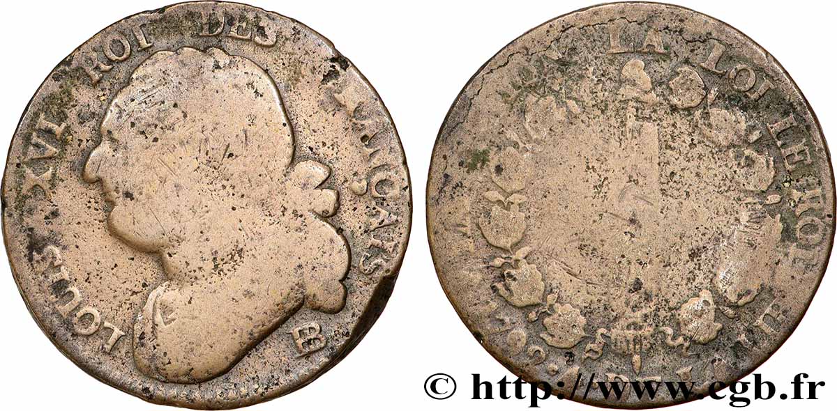 LOUIS XVI 12 deniers dit au faisceau , type FRANÇAIS 1792 Strasbourg fS