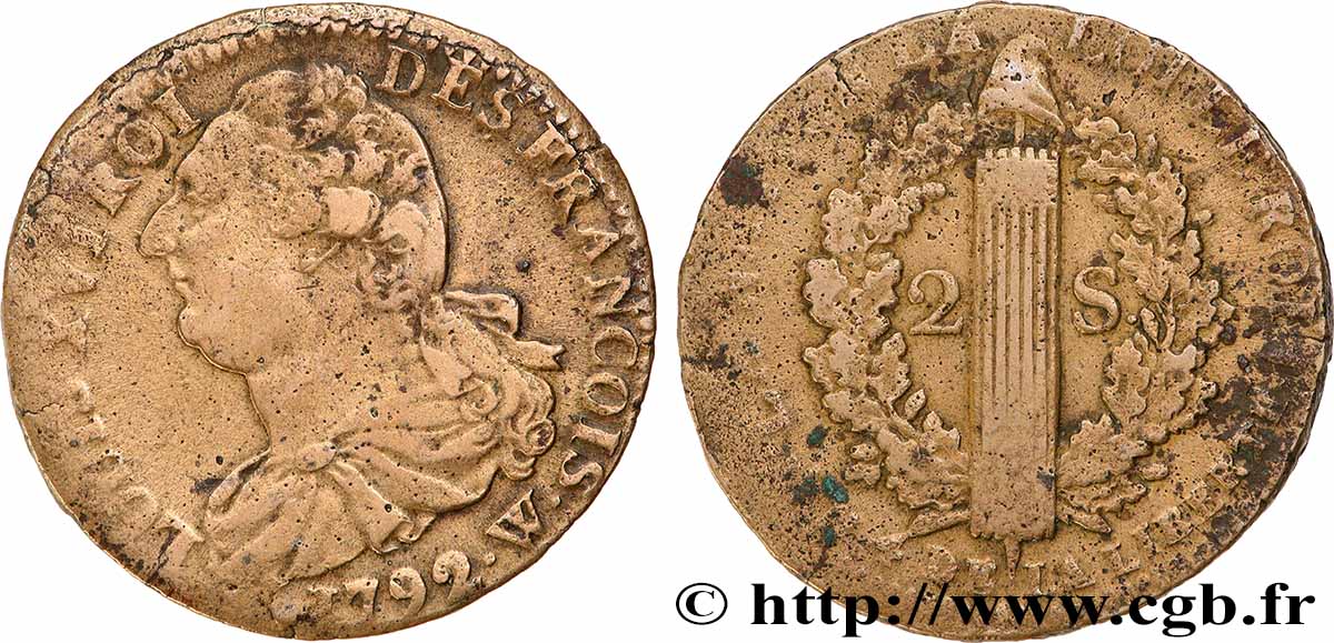 LOUIS XVI 2 sols dit au faisceau , type FRANCOIS 1792 Lille fSS