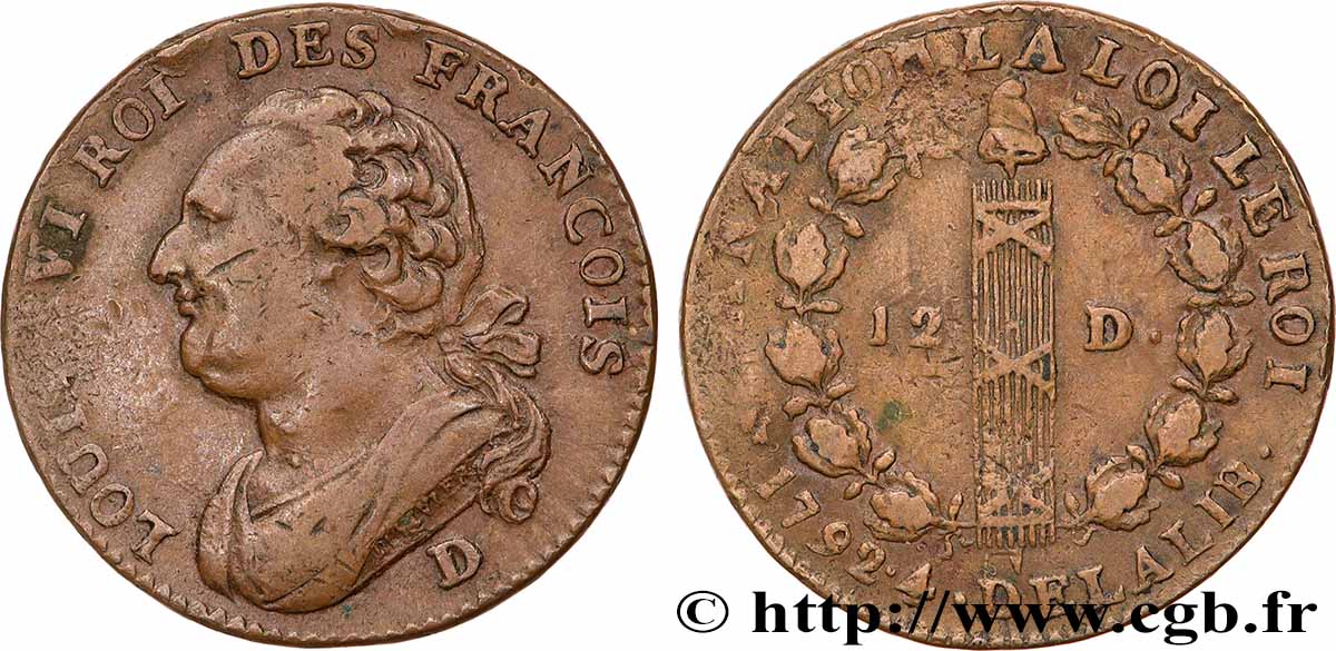 LOUIS XVI (MONARQUE CONSTITUTIONNEL) 12 deniers dit au faisceau , type FRANCOIS 1792 Lyon TTB/TTB+