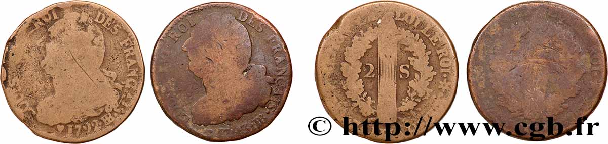 LOUIS XVI 2 sols dit au faisceau , types divers, lot de 2 ex. n.d. Ateliers divers lot