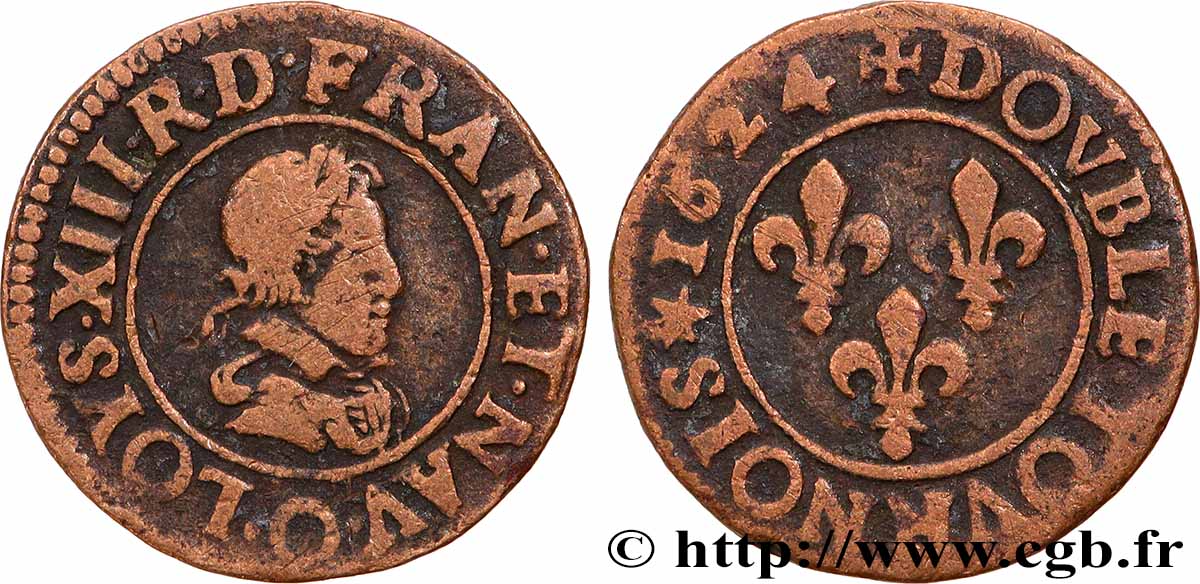LOUIS XIII Double tournois, type 3 1624 Riom SS