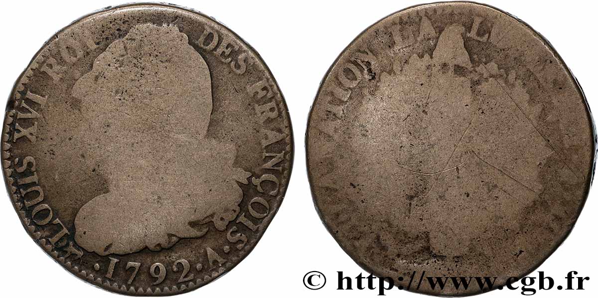 LOUIS XVI 2 sols dit au faisceau , type FRANÇOIS 1792 Paris RC