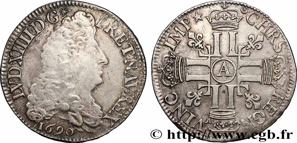 LOUIS XIV THE SUN KING Demi-écu aux huit L, 1er type 1690 Paris XF/AU