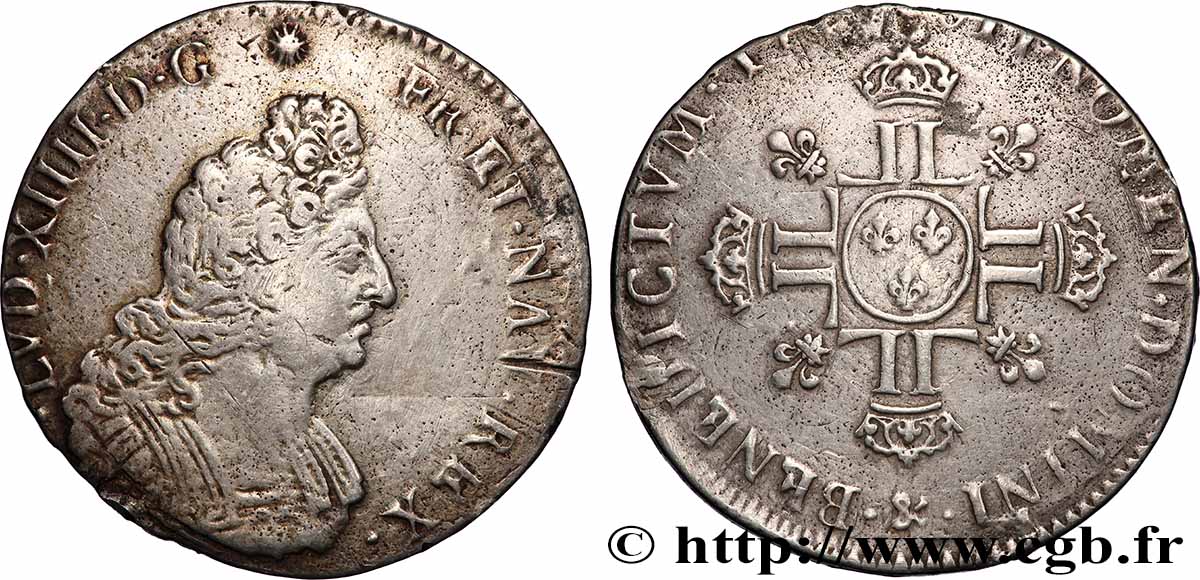 LOUIS XIV THE SUN KING Demi-écu aux huit L, 2e type s.m. Aix-en-Provence VF