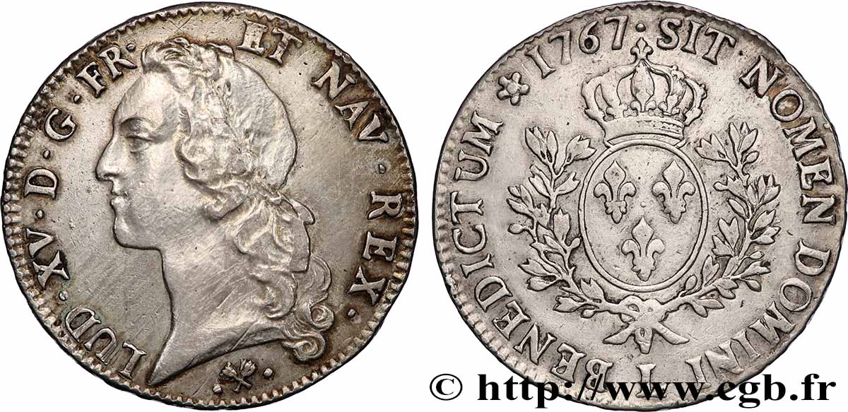 LOUIS XV THE WELL-BELOVED Écu aux branches d’olivier, tête ceinte d’un bandeau 1767 Bayonne XF/AU