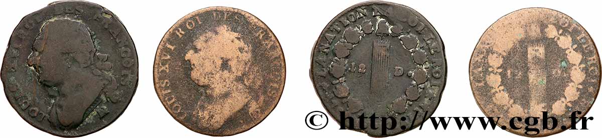 LOUIS XVI (MONARQUE CONSTITUTIONNEL) 12 deniers dit au faisceau , type FRANCOIS, lot de 2 ex. n.d. Ateliers divers Lot