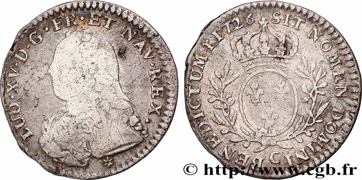 LOUIS XV THE WELL-BELOVED Dixième d’écu aux branches d’olivier, buste habillé 1728 Caen VF