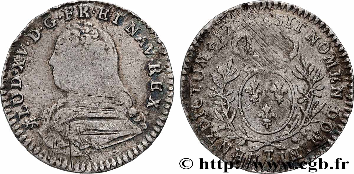 LOUIS XV THE WELL-BELOVED Dixième d’écu aux branches d’olivier, buste habillé 1728 Nantes F/VF