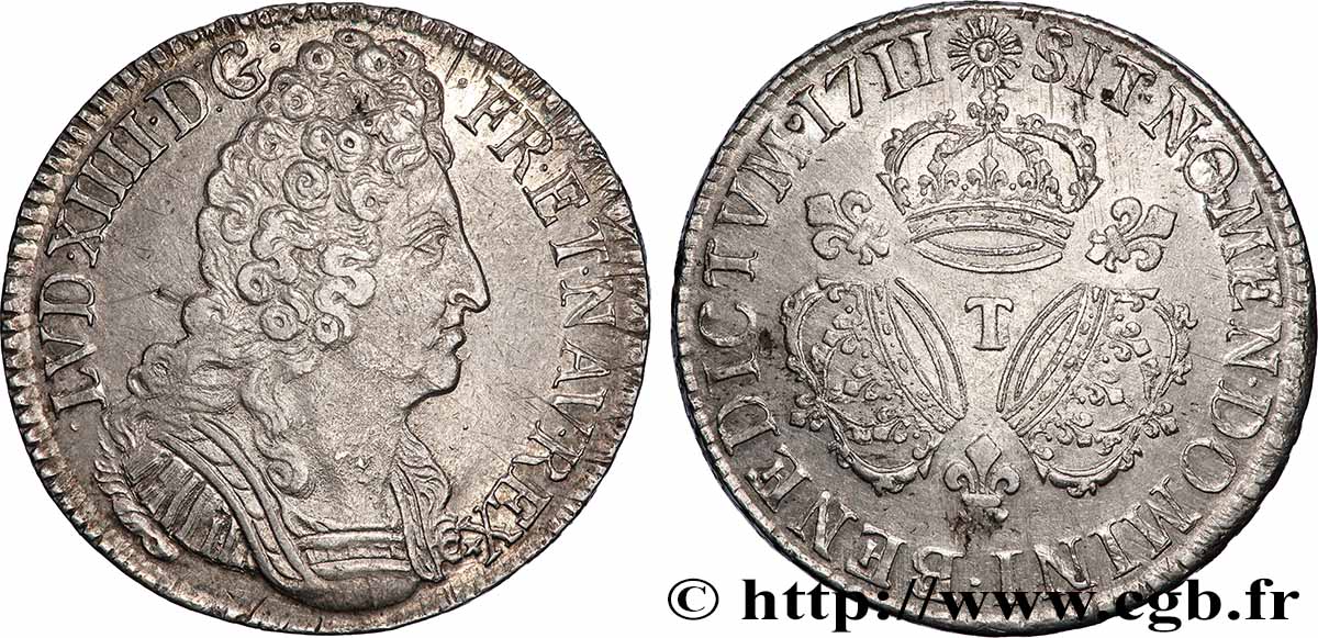 LOUIS XIV THE SUN KING Écu aux trois couronnes 1711 Nantes MB