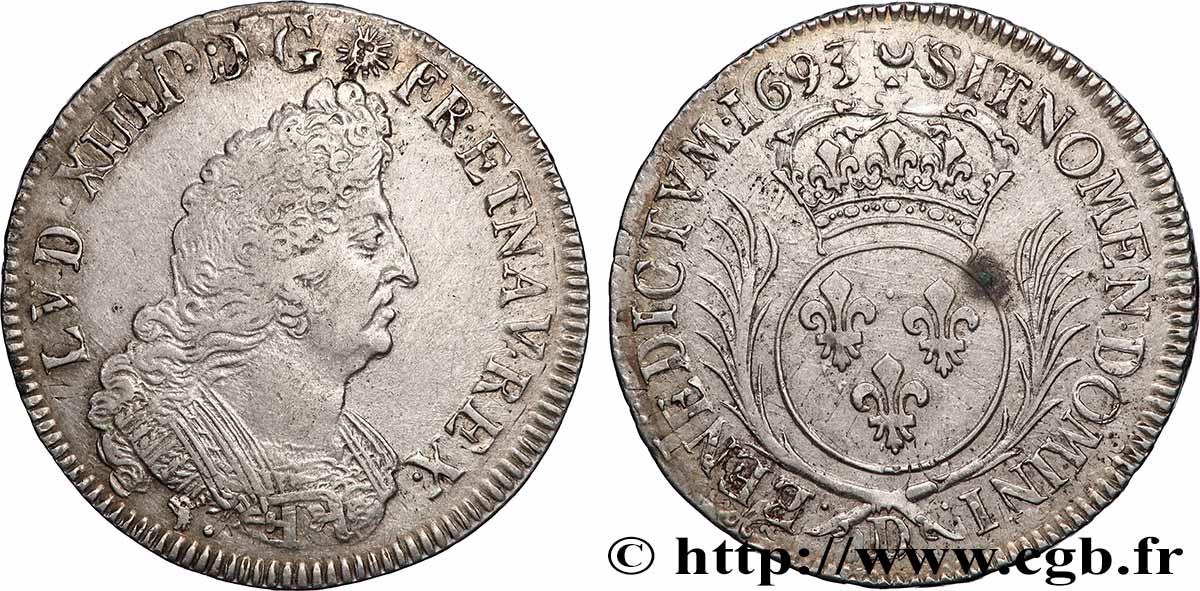 LOUIS XIV LE GRAND OU LE ROI SOLEIL Demi-écu aux palmes 1693 Lyon TTB+/SUP