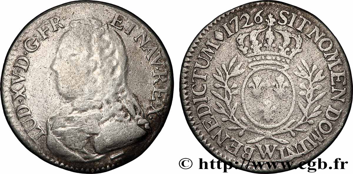 LOUIS XV THE WELL-BELOVED Cinquième d écu aux branches d olivier, buste habillé 1726 Lille F/VF